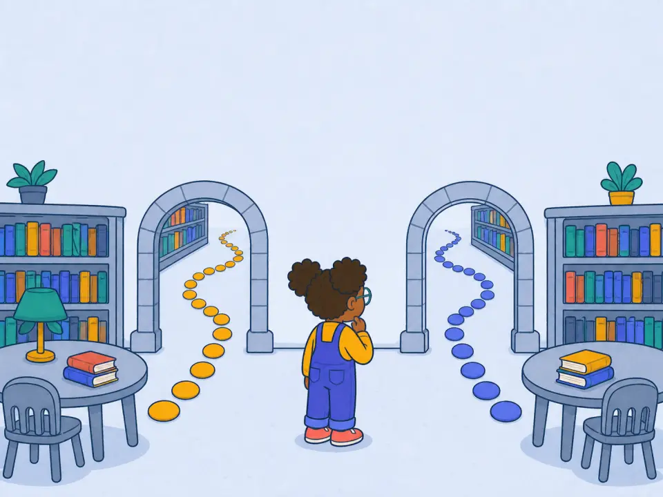 A curious child stands between two colorful trails that continue through two library doors.