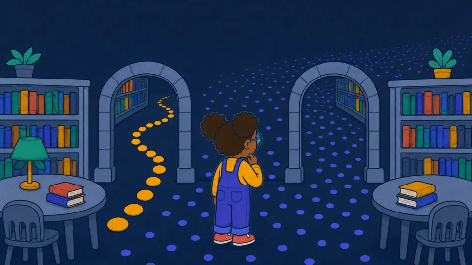 The same child looks between one orderly trail and a wide field of tiny dots.