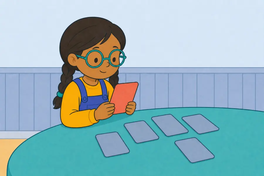 The same child compares one coral birthday card with five face-down cards.