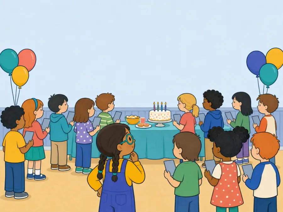 A curious child looks across a crowded birthday party where people hold face-down cards.