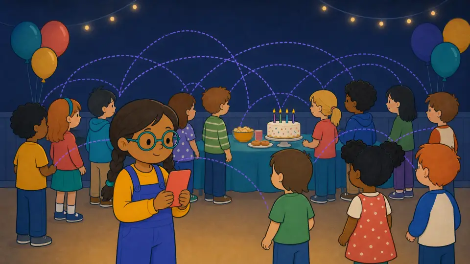 The same child holds one coral card while violet pair paths cross the party.