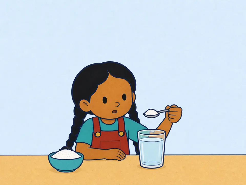 A curious child holds a sugar spoon above one clear glass.