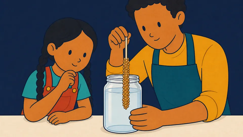 A child and grown-up inspect sugar crystals attached along a thin string above a jar.