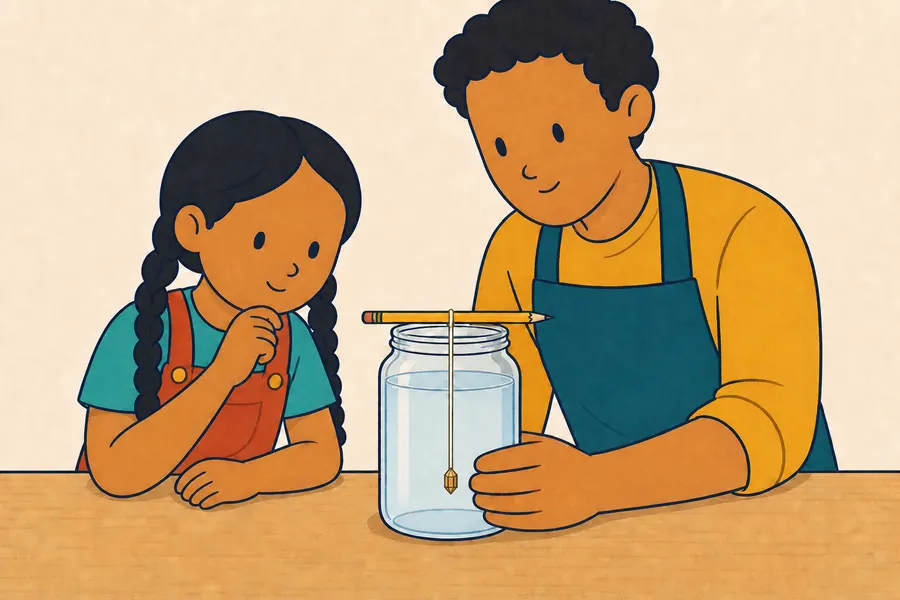 A child and grown-up inspect one starter crystal on a string in a clear jar.