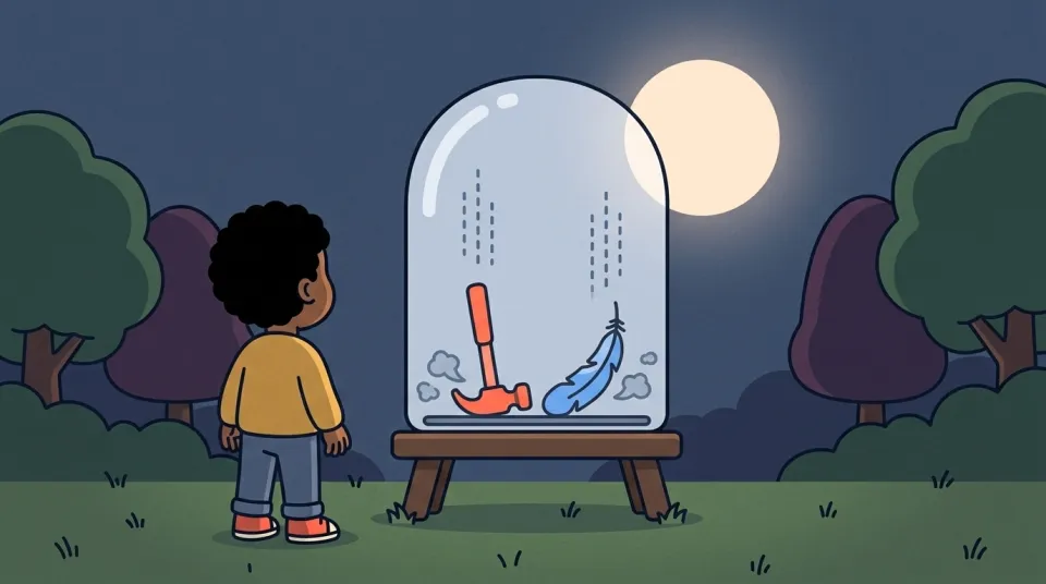 At dusk the child watches the hammer and the feather inside a tall airless bell jar touch the ground at the very same moment, twin dust puffs rising.