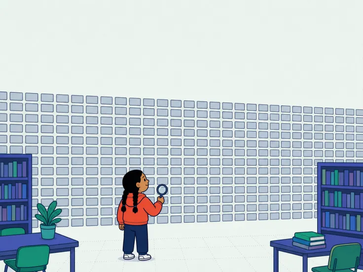 A curious child studies a library wall covered with hundreds of orderly blank cards.