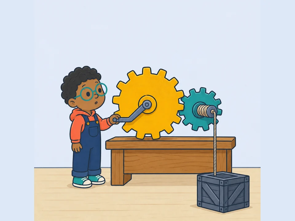 A curious child turns two connected gears; the small output winds a rope attached to a heavy crate resting on the floor.