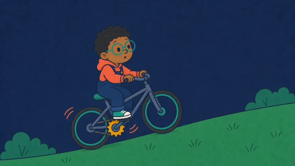 The same child pedals a bicycle steadily up a gentle hill.