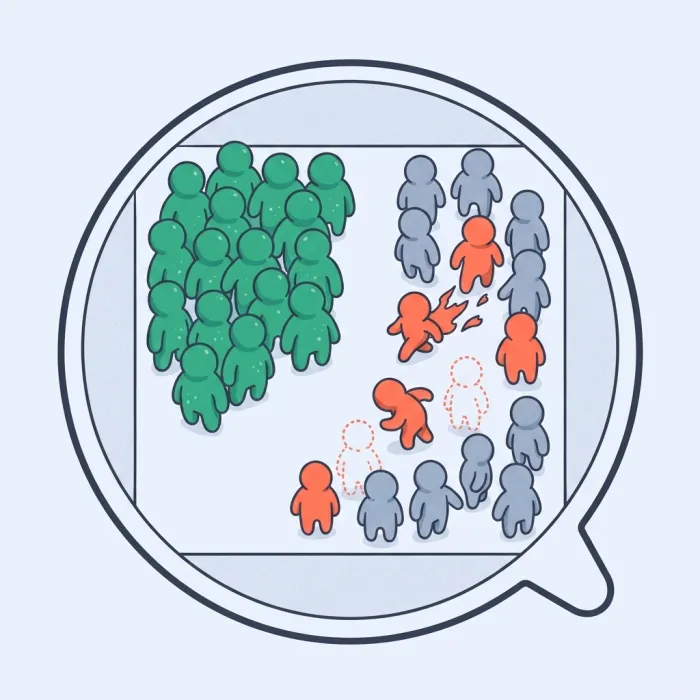 Inside a rounded magnifying bubble: a town square where all the green immune people are clumped in one corner, leaving a pocket of grey-blue people that a coral-red germ is tearing straight through.
