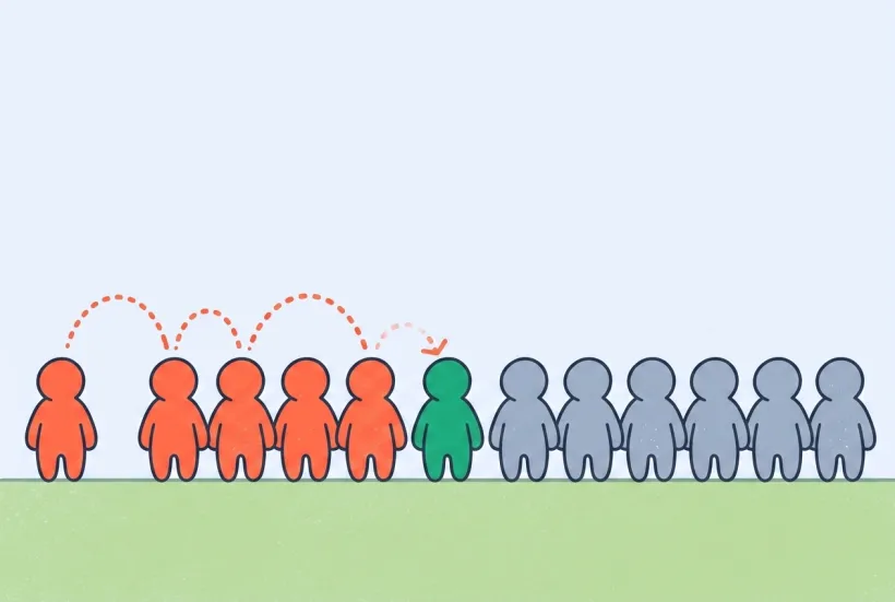 A row of people: a coral-red sick person on the left, the germ hopping in dotted coral arcs and turning people coral one by one, until it reaches a single green immune person where the last hop bumps off and fades, leaving the grey-blue people beyond untouched.