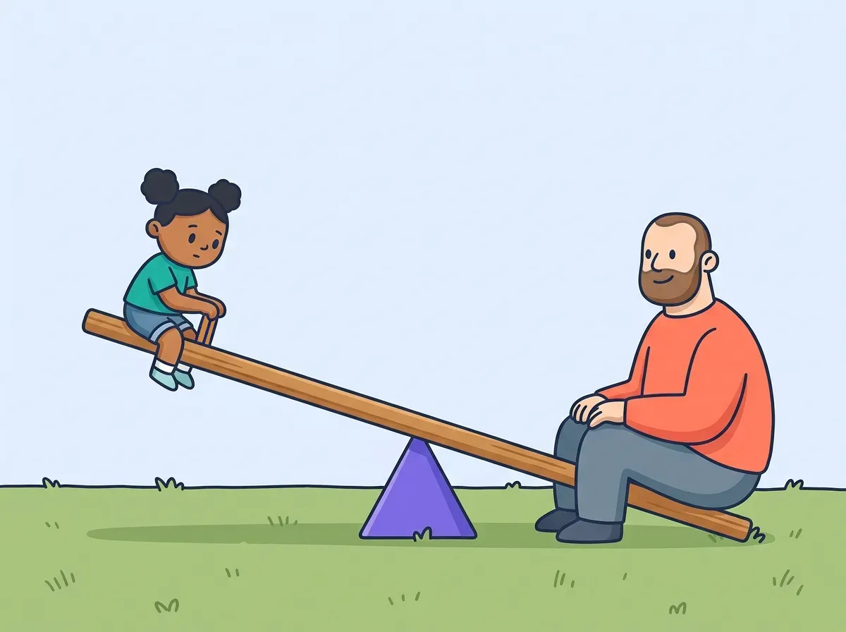A tiny teal child sits stuck high in the air on the left end of a wooden seesaw while a big coral grown-up sits on the right end which has crashed down to the grass, the purple balance point in the middle.