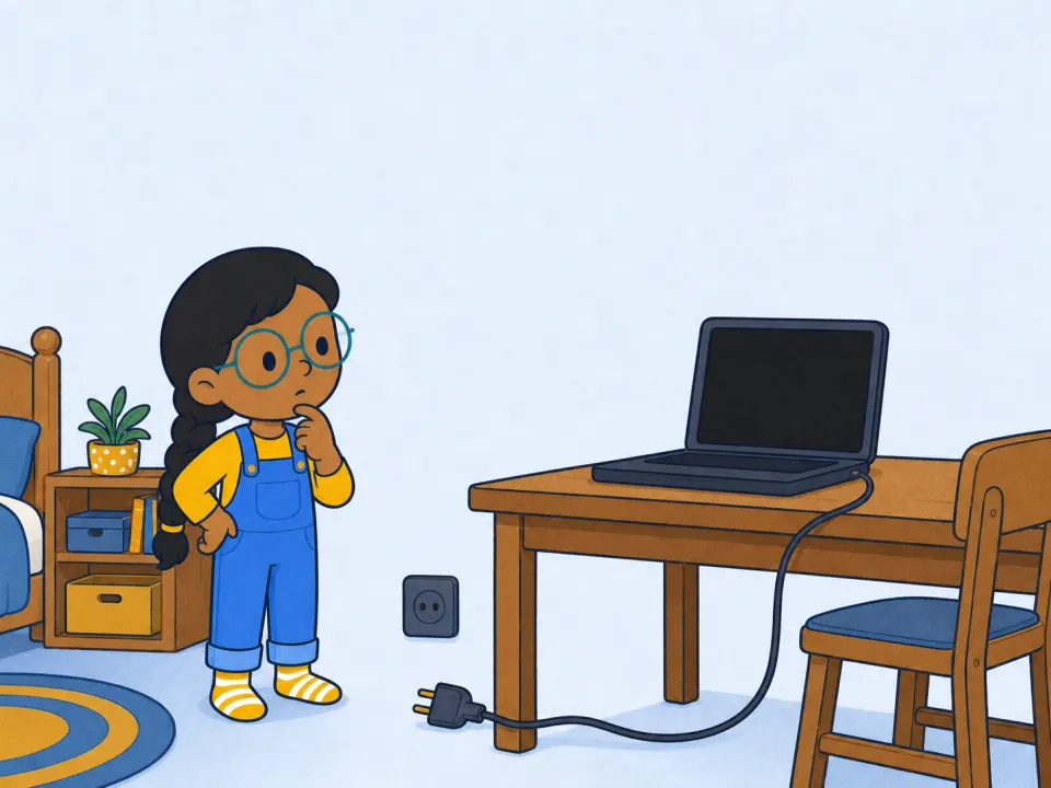 A curious child looks at a completely dark laptop whose power plug lies disconnected beside the desk.
