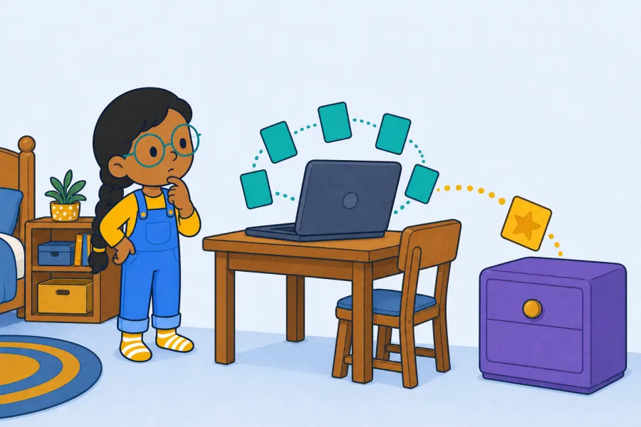 The same child works at a laptop beside quick teal cards while one gold card travels toward a violet drawer.