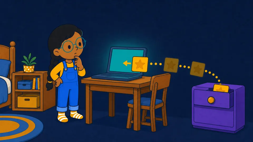 At dusk, a gold picture card travels from a violet drawer toward the child's newly relit laptop.
