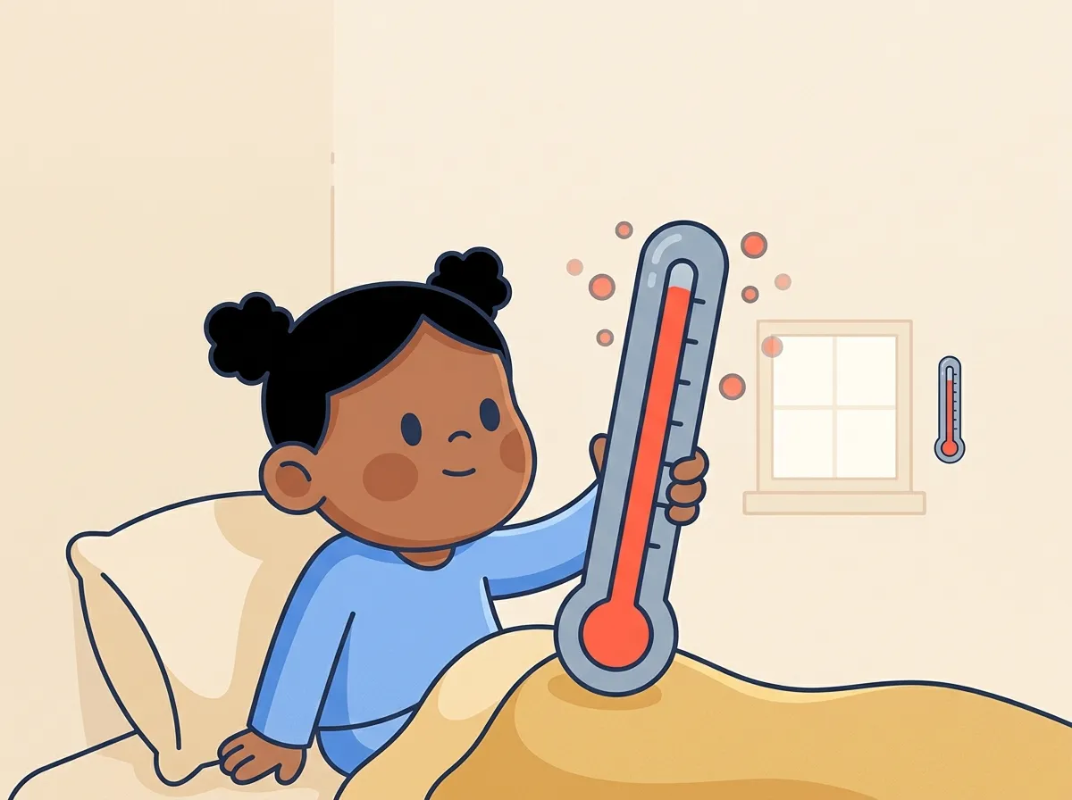 A child in bed on a sick-day holds up a tall glass thermometer whose red line has climbed high, reading a fever, with a small window thermometer on the wall behind.