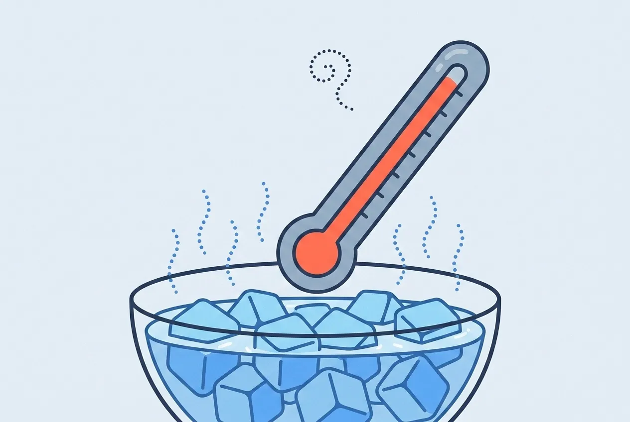 The tall thermometer with its red line still high is held just above a bowl of ice cubes and cold water, its bulb pointing down but not yet touching the ice.