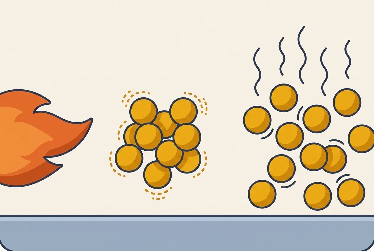 A warm flame on the left heats a tight cluster of round amber particles that jiggle harder and spread further apart to the right, with heat wiggles rising above them.