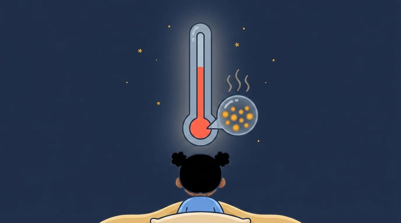 At night a glowing thermometer shows its red column at a readable height, with a magnifying bubble of jiggling amber bits tethered to the bulb and heat wiggles linking them to the rising line, as the child watches.