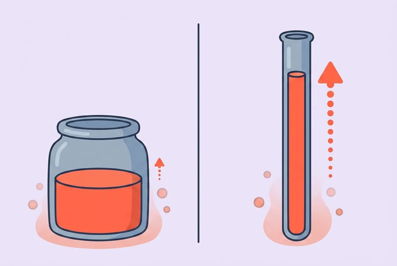 A wide fat jar of red liquid rises only a tiny sliver when warmed, while a skinny narrow tube of the same liquid climbs into a tall red column.