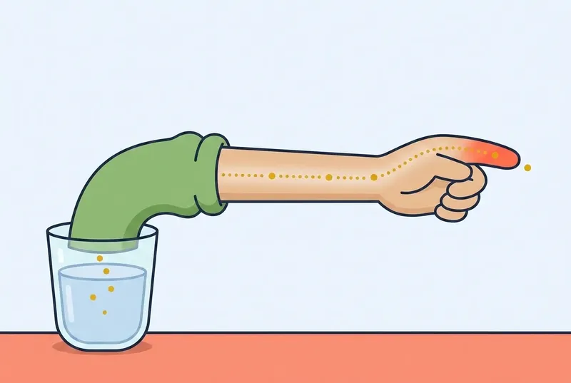 Tiny gold charge dots rise out of a glass of salty water and travel along the inside of a child's arm like beads in a wire, all the way out to the fingertip.