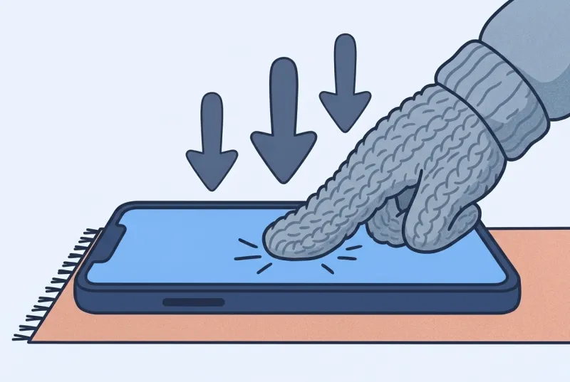 A hand in a thick grey-blue wool glove presses down hard on a phone's blue glass screen, with three big arrows pushing straight down and squish lines around the flattened fingertip.