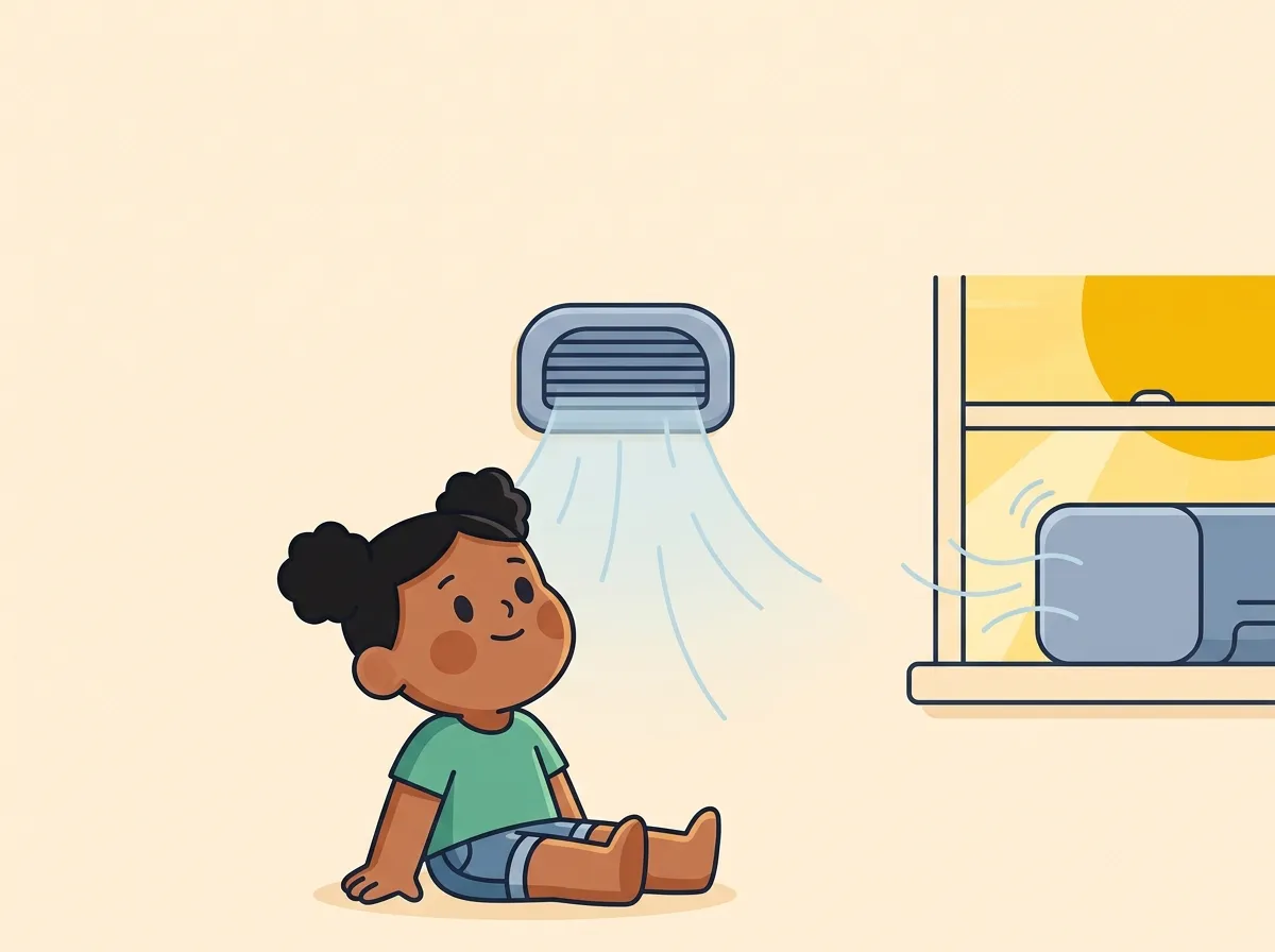 A child sits on the floor of a hot sunny room with cool air pouring down from a wall vent, while outside the window a small grey box hums and blows.
