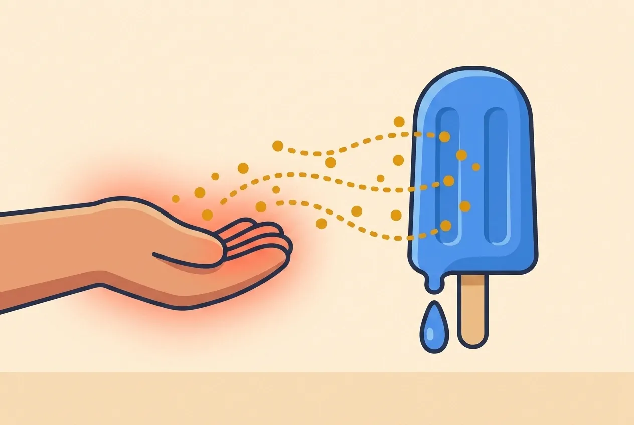 A warm coral-glowing hand on the left sheds tiny amber heat dots that drift rightward into a cold blue ice pop, which softens and drips.
