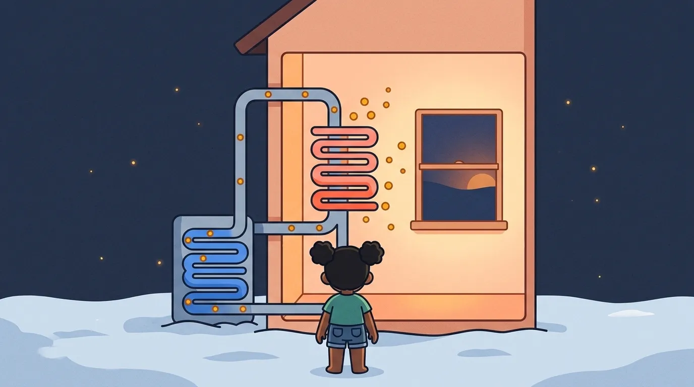 On a snowy evening, the flipped loop pulls amber heat dots out of the cold outdoor air through a blue coil and drops them warm inside the glowing house.