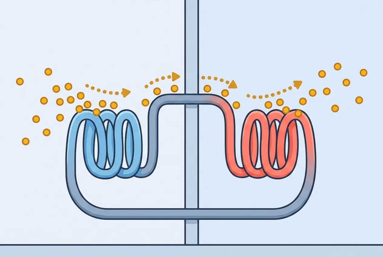 A closed slate pipe loop: amber heat dots hop onto the blue indoor coil, ride the loop across a wall, and hop off the coral outdoor coil into the yard.