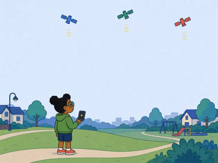 A child in a park holds a phone beneath three distant colorful satellites.