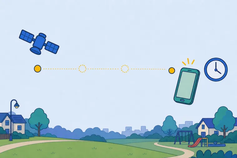 A golden signal crosses the park from a blue satellite to a green phone beside a clock.