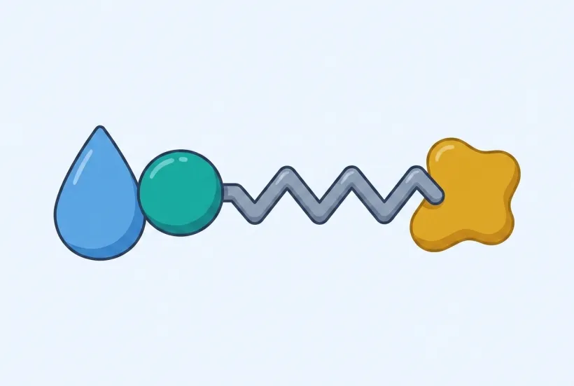 One soap molecule: a round teal head joined to a long wavy grey tail; the head leans toward a blue water drop on the left while the tail tip reaches into a goldenrod grease blob on the right.