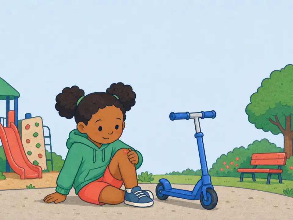 A curious child beside a blue scooter lightly touches one bent knee after a small playground bump.