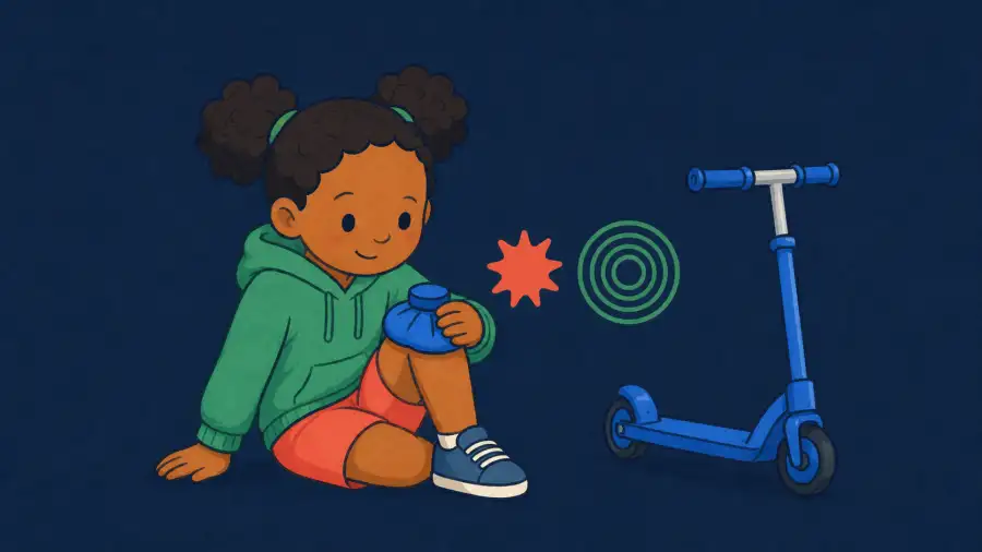 The same child calmly holds a cold pack on one knee beside a coral starburst, a broad green ripple, and the blue scooter.