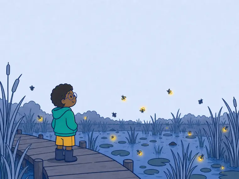 A curious child on a marsh boardwalk watches scattered lit and dark fireflies in irregular places, with no leader visible.
