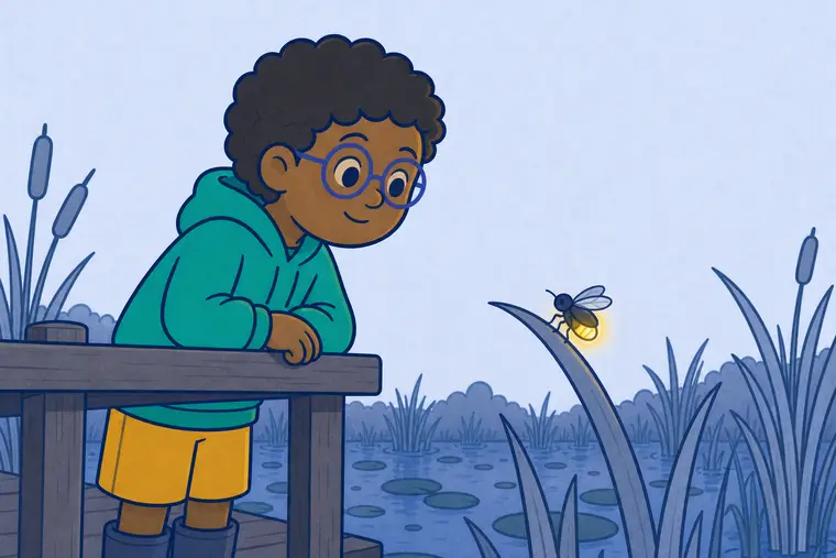 The same child leans over a marsh railing and calmly studies one clearly winged firefly glowing on a reed.