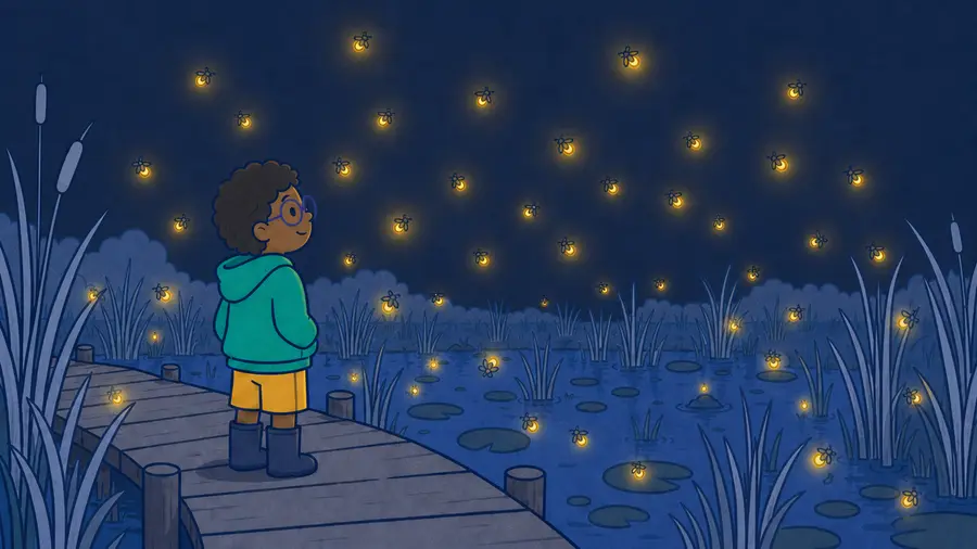 The same child quietly watches many winged fireflies share one warm glowing moment over the marsh, with no leader visible.
