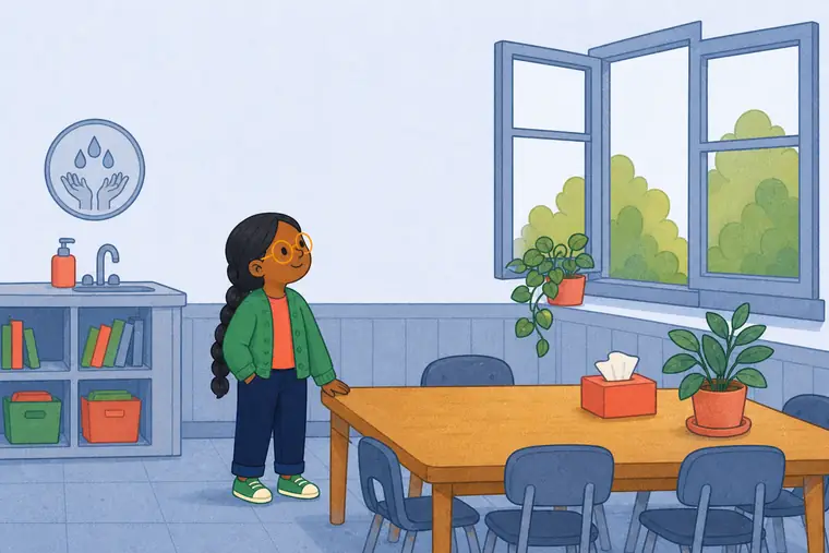 The same child stands in a classroom with an open window, tissue box, and handwashing cue.