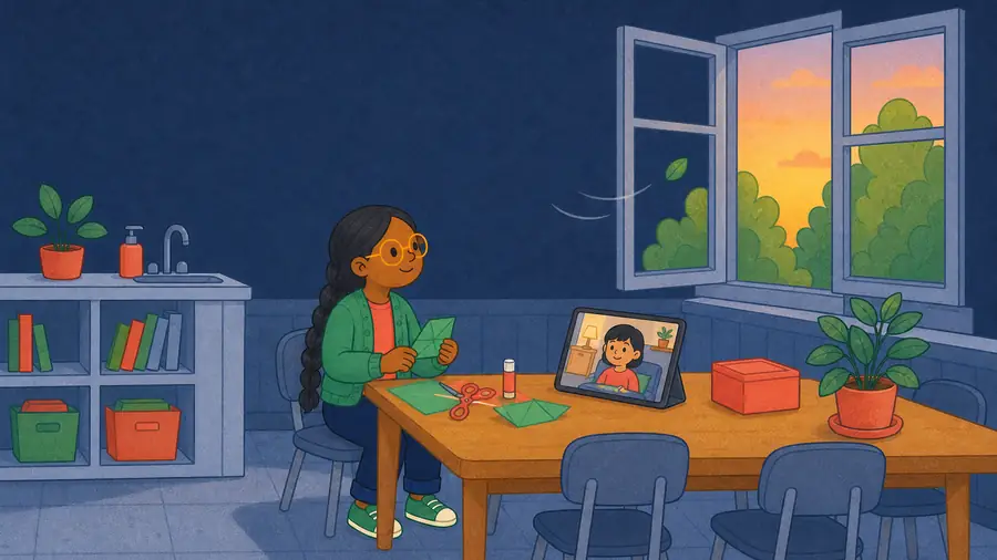 The same child works in a calm classroom with an open window while a friend joins remotely from home.