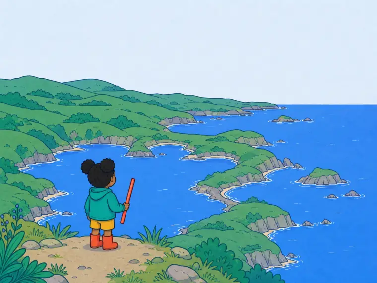 Nia holds one straight coral stick while studying a wildly indented blue coastline.