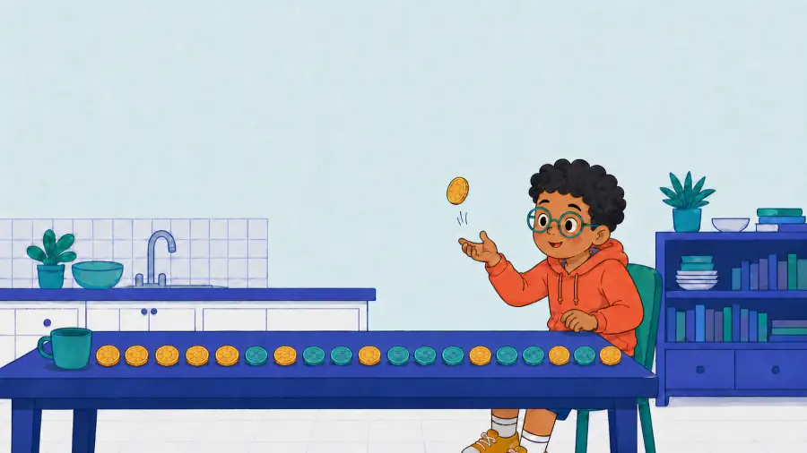 The child tosses one unknown coin beside five gold heads swallowed by a long mixed trail of gold and teal results.