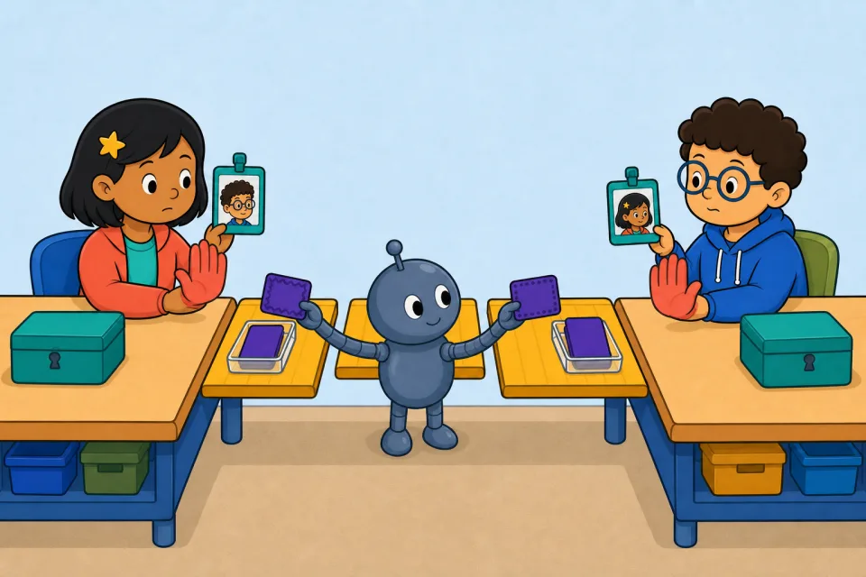 Ana and Bo hold up picture badges and stop before accepting patterned replacement cards from the middle robot; their original plain public cards sit intercepted in two bridge trays.