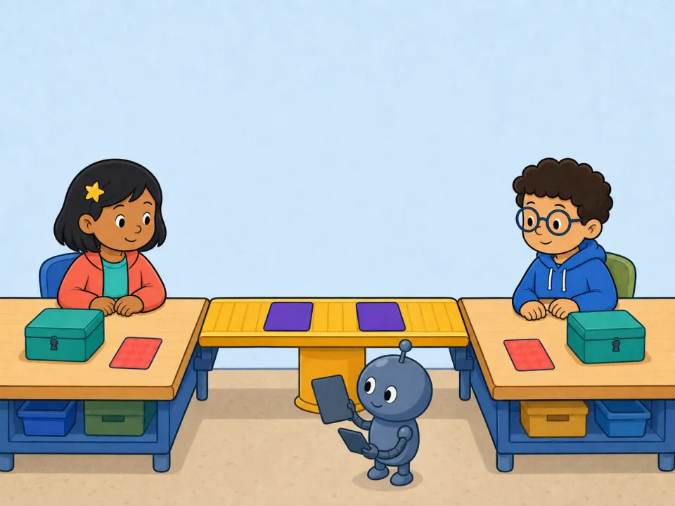 Two friends pass blank public cards across a bridge watched by a small robot while face-down private cards stay at their desks.