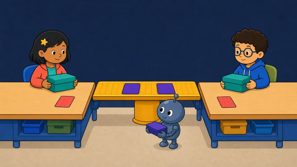 The same two friends hold matching closed boxes while the small robot holds only copied public cards.