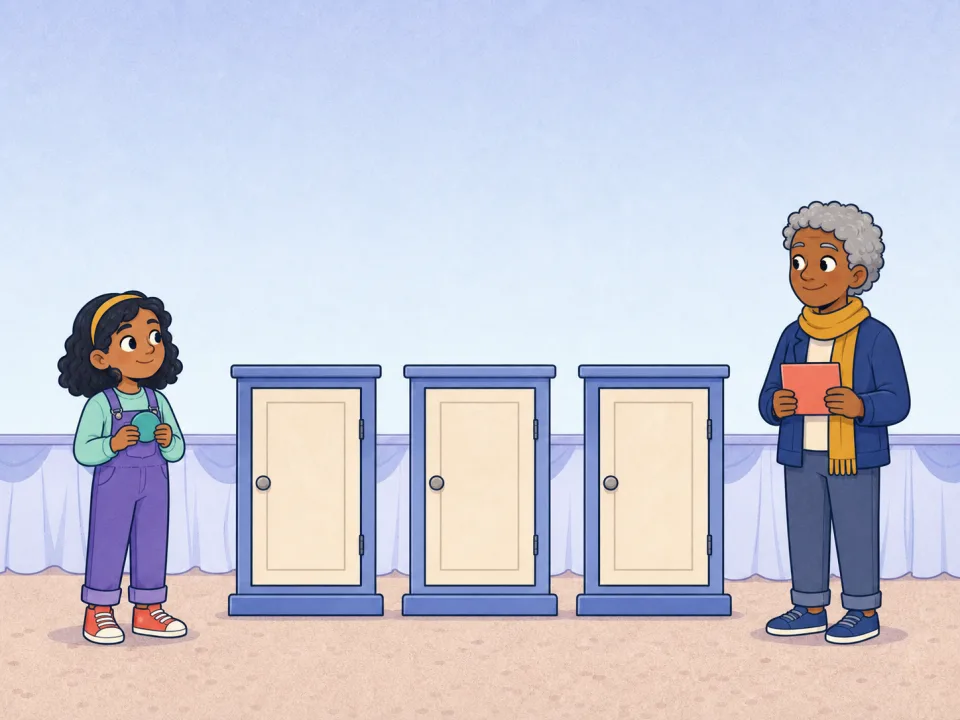 A girl in violet overalls and a grey-haired grown-up in a blue jacket stand on either side of three matching closed cupboards at a fair.