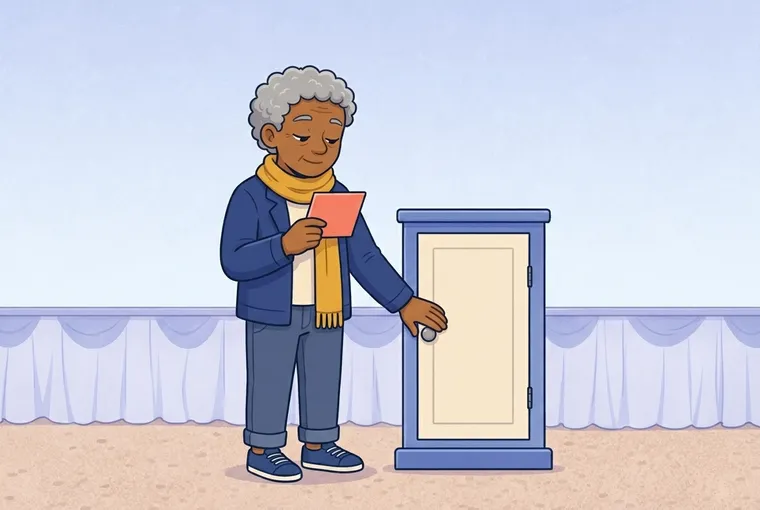 The grey-haired fair grown-up bends his head down and reads a small coral card he holds up in one hand, while his other hand rests on the handle of one closed cupboard.
