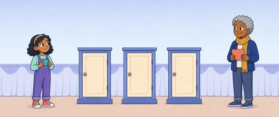 The same girl and grey-haired grown-up stand quietly at either end of the same three matching closed cupboards at the fair.