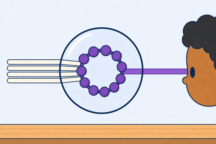 Cream light beams meet a violet pigment ring, then one violet beam travels toward a child's eye.