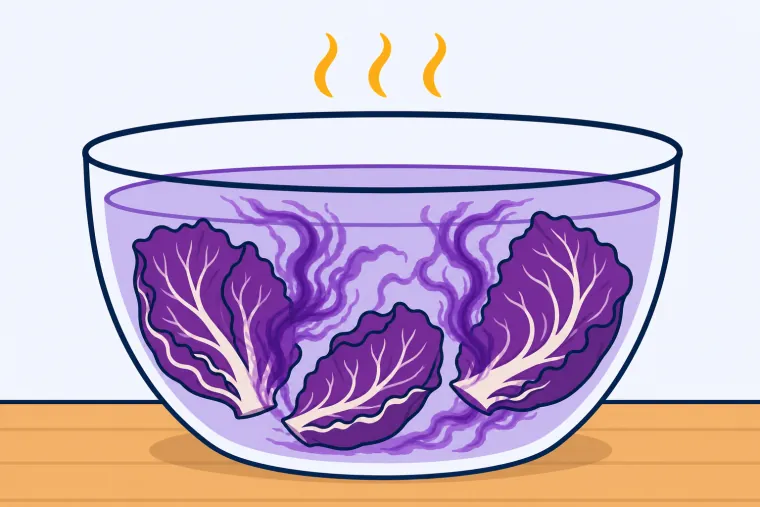 Purple pigment trails leave red-cabbage leaves and spread through warm water in a clear bowl.