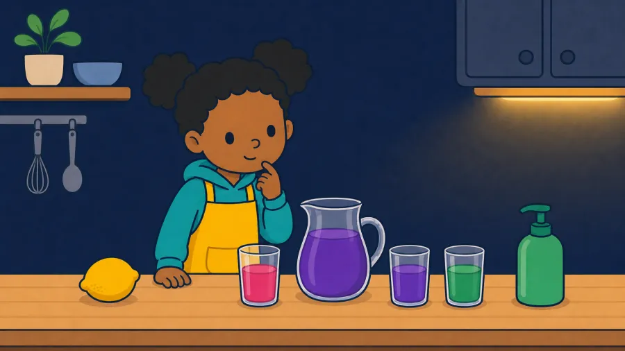 The same child studies pink, purple, and green cabbage-indicator cups made from one purple pitcher.